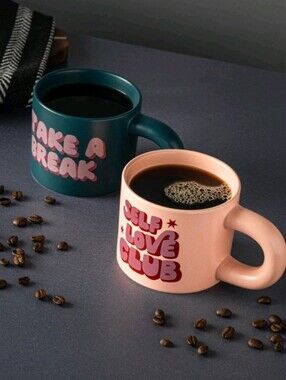 Self Love Club & Take a Break Ceramic Mug Duo - Peach and Teal